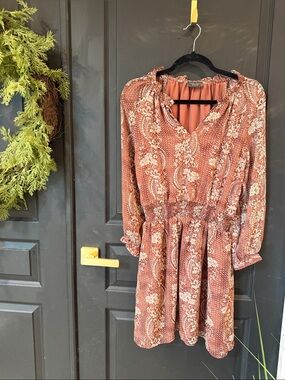 Dress Forum Rust Paisley Long-Sleeve Smocked-Waist Dress